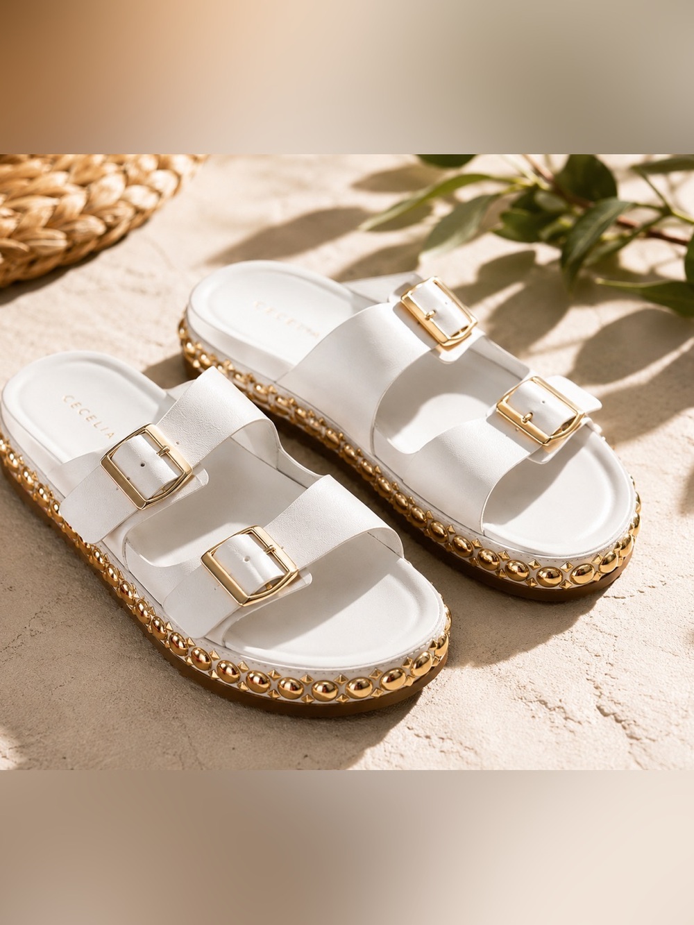 White Stud-Trim Buckle Slide Sandals